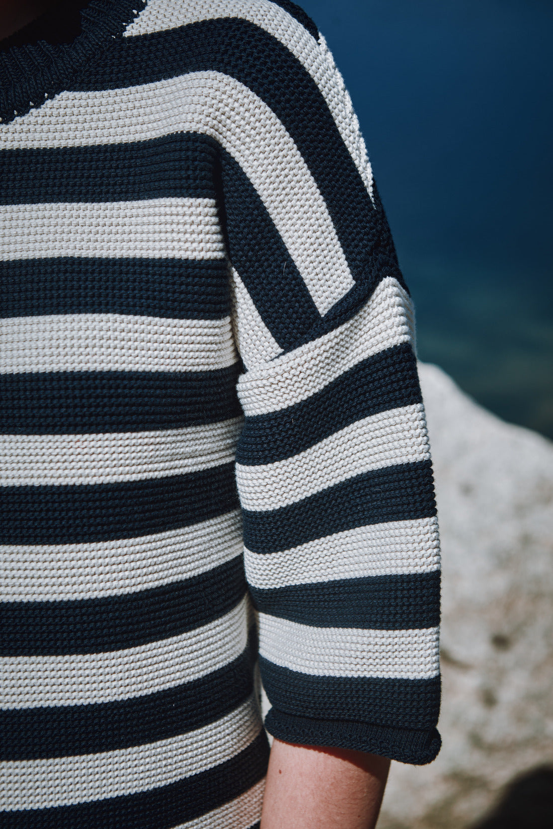 GERALDINE Oversize Tee in Organic Cotton - Navy Blue and Off-white stripes - L'ENVERS