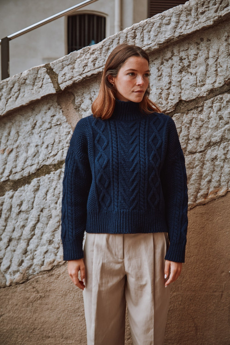 GWENAELLE Irish Cable Sweater in Merino Wool - Navy , sustainable knitwear - L'envers