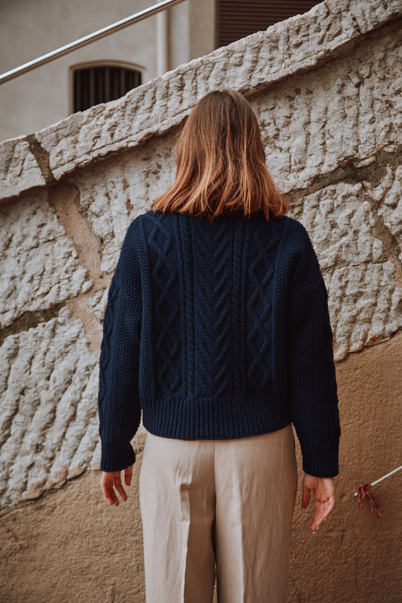 GWENAELLE Irish Cable Sweater in Merino Wool - Navy , sustainable knitwear - L'envers