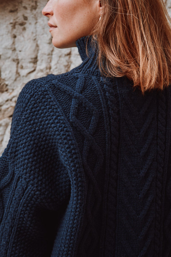 GWENAELLE Irish Cable Sweater in Merino Wool - Navy , sustainable knitwear - L'envers