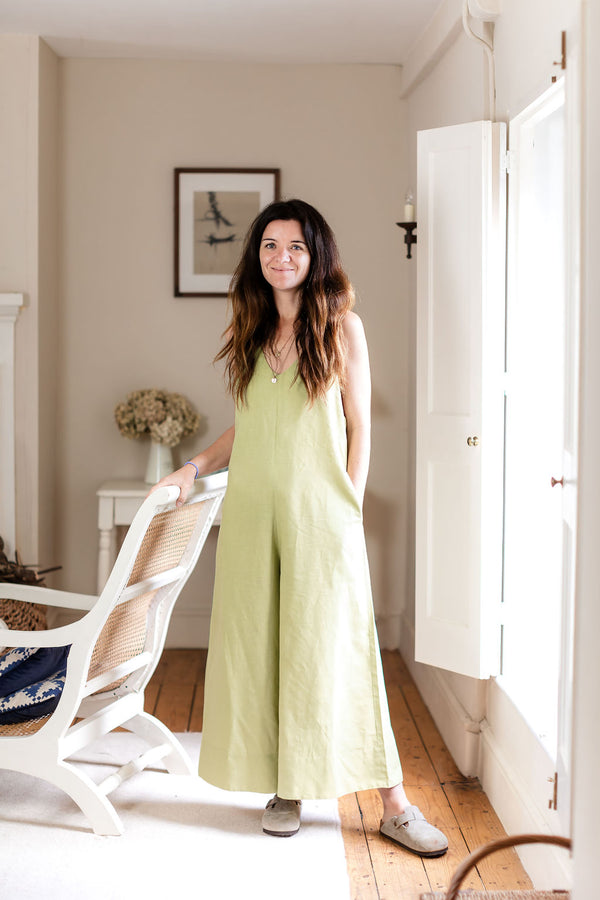 Wild Clouds X Gather & See Pear Green Linen Culotte Jumpsuit, made in London as a limited edition
