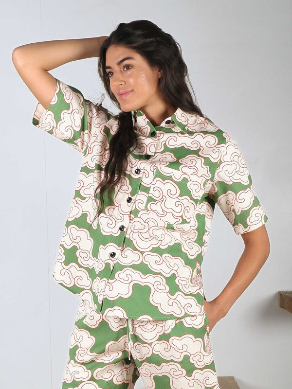 Organic cotton and linen green clouds cuban shirt by Wild Clouds