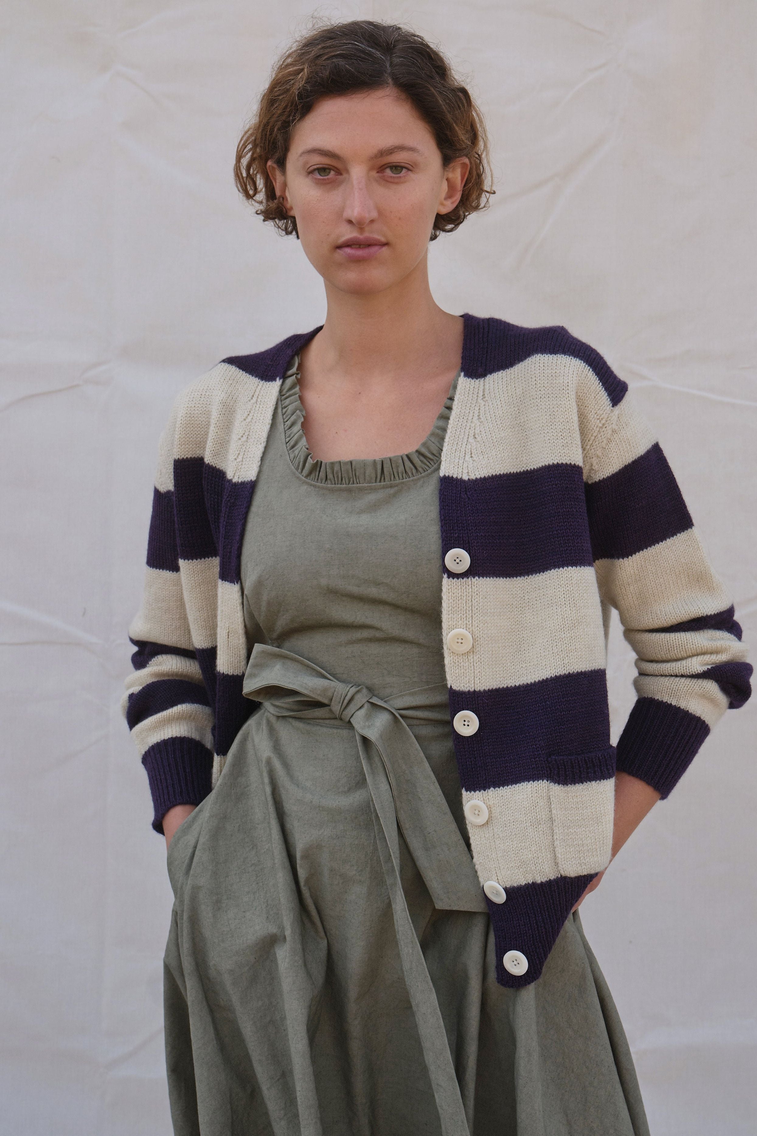 Pendle Cardigan in Damson & Ecru