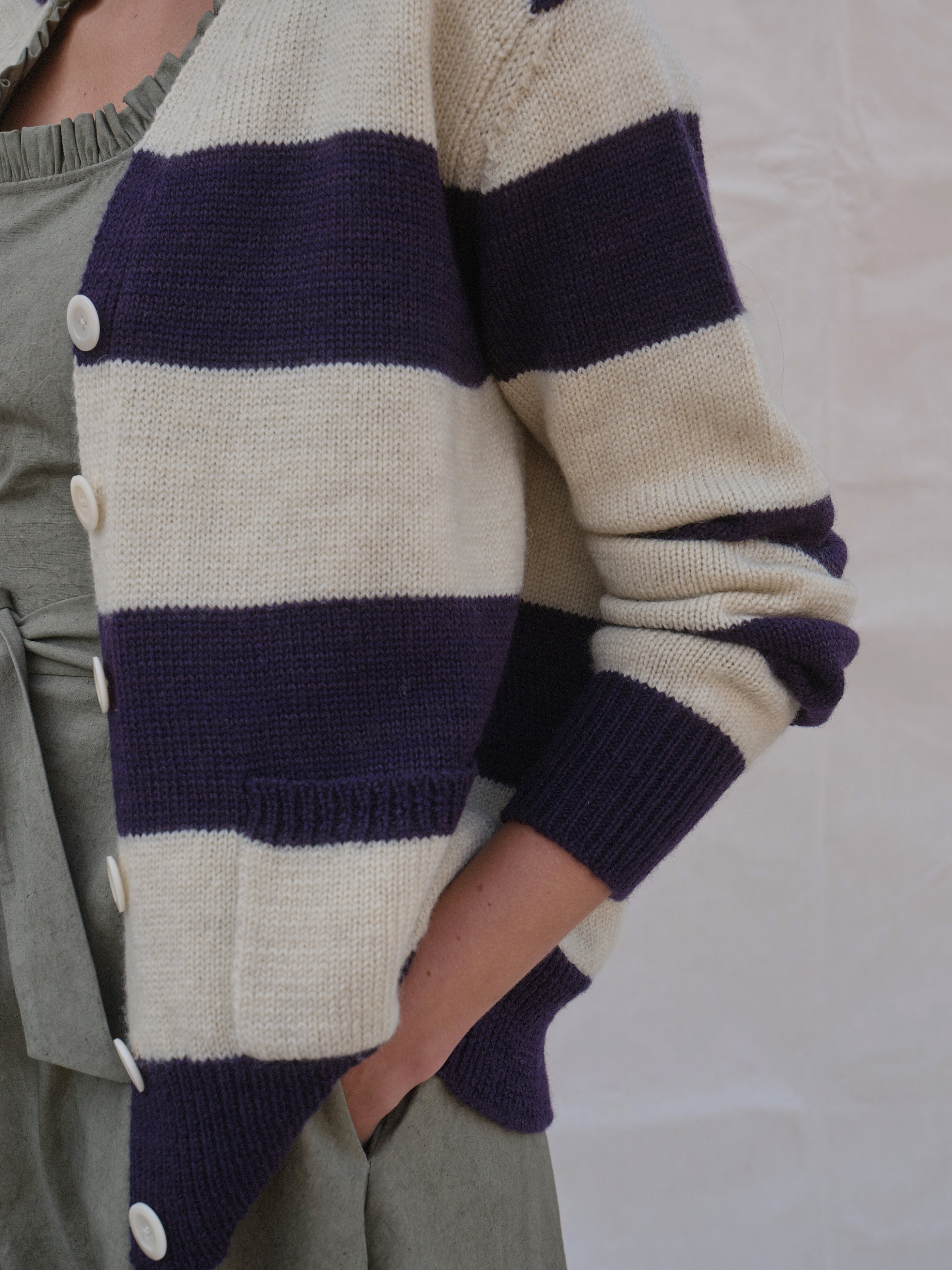 Pendle Cardigan in Damson & Ecru