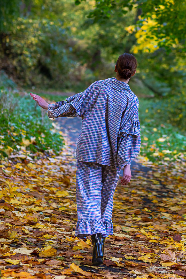 woman green check suit 