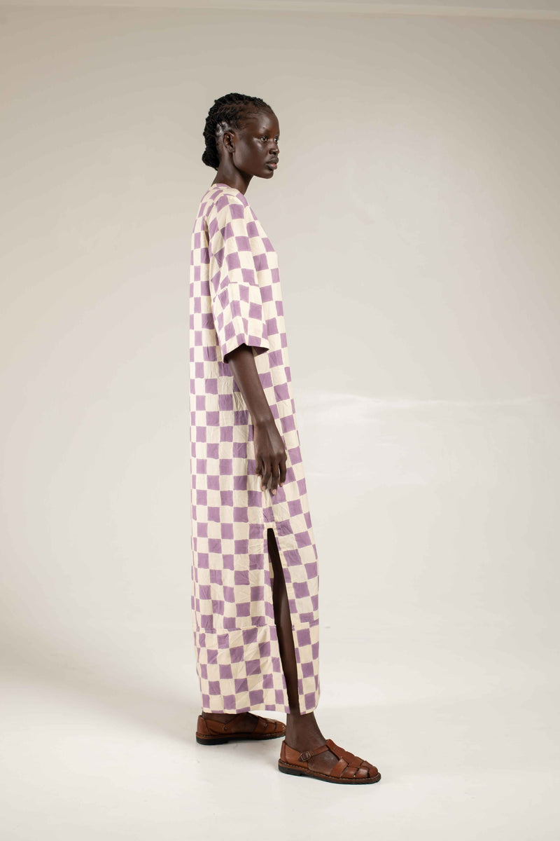 Woodblock printed Kaftan - Lilac check