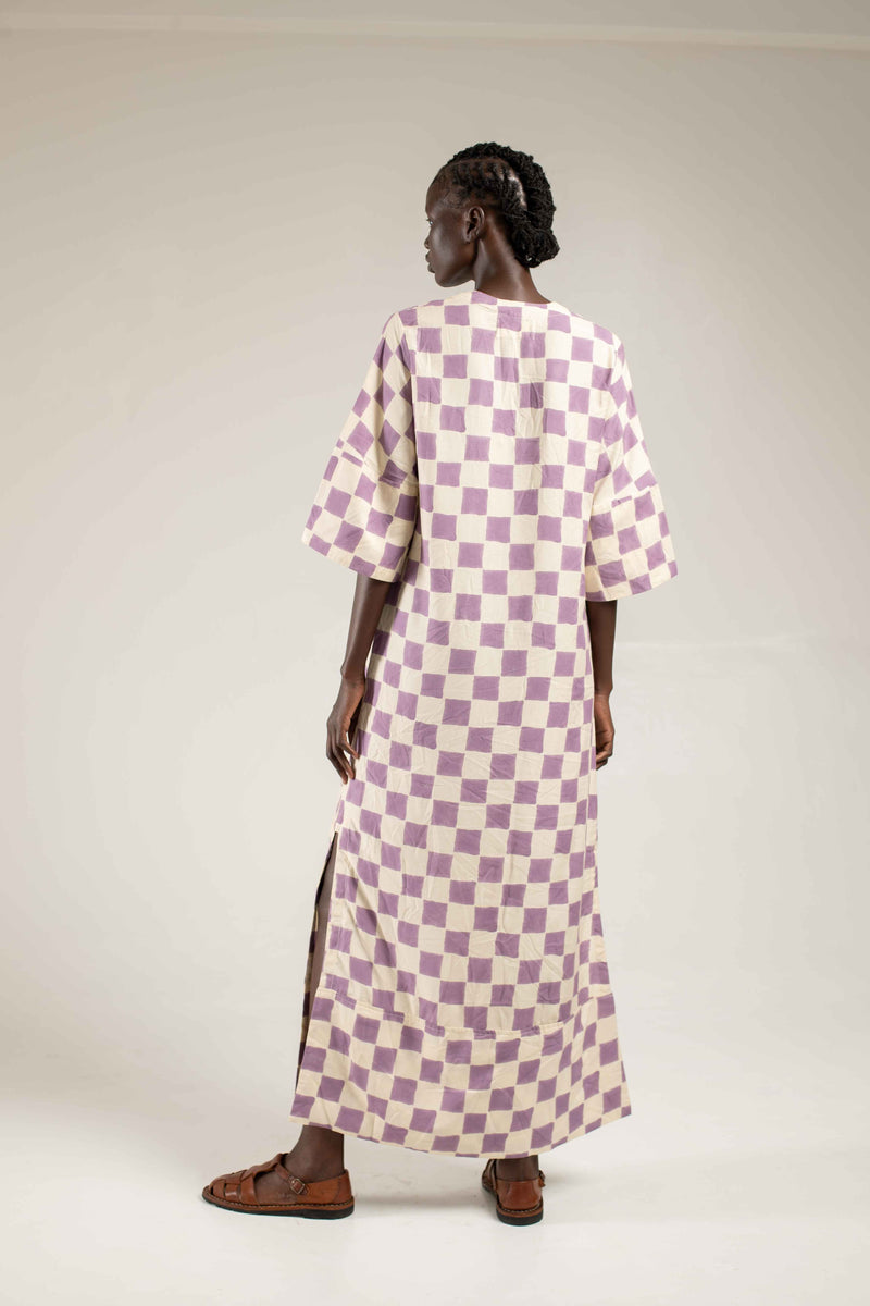 Woodblock printed Kaftan - Lilac check