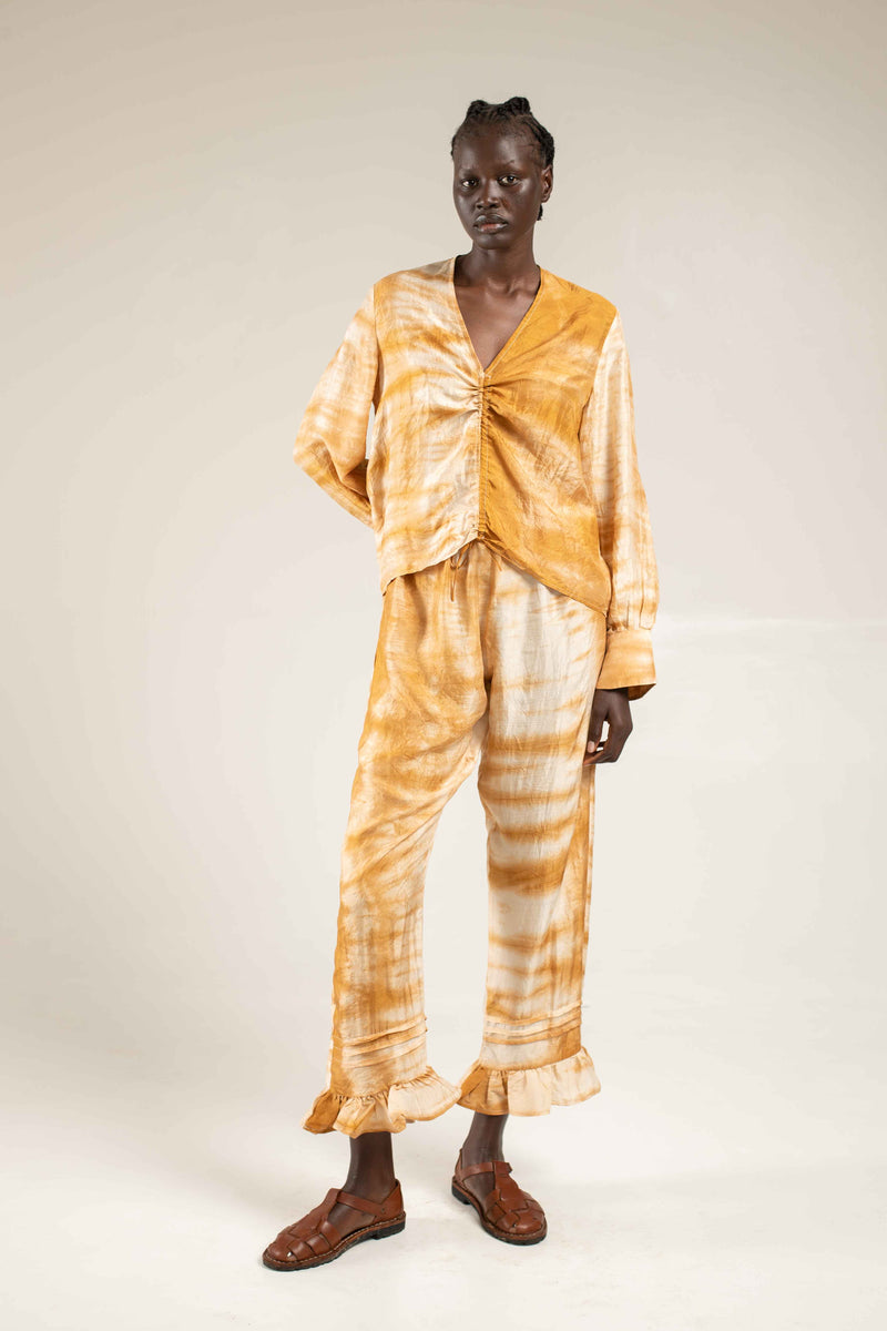 Rouched silk shirt - Shibori camel