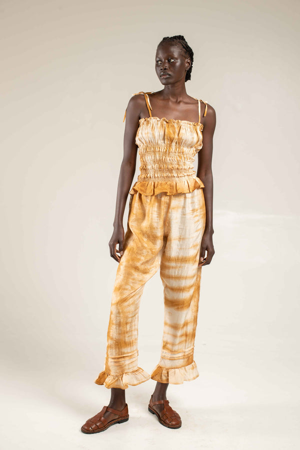 Frill hem pants Shibori Camel