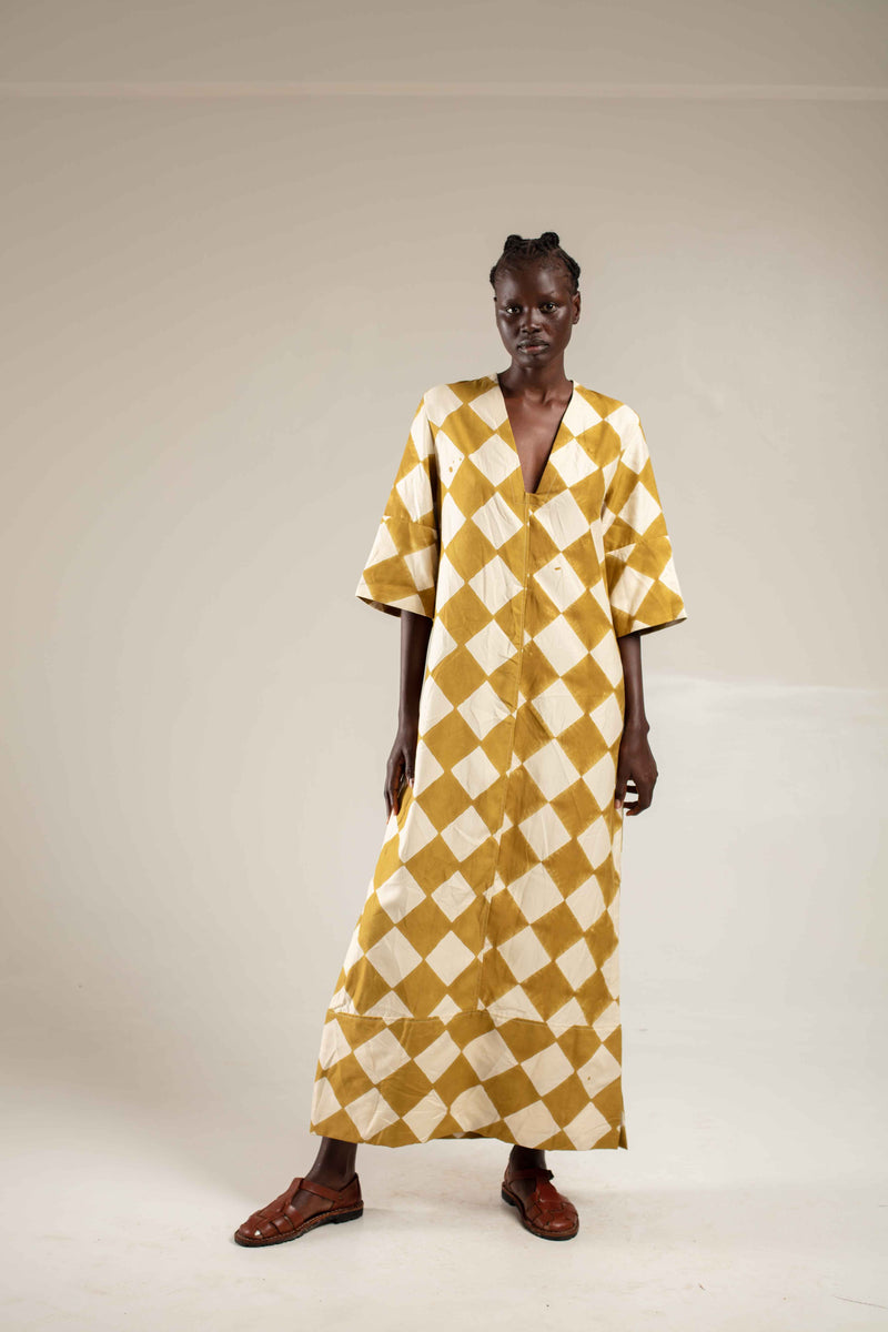 Woodblock printed Kaftan - Mustard diamond