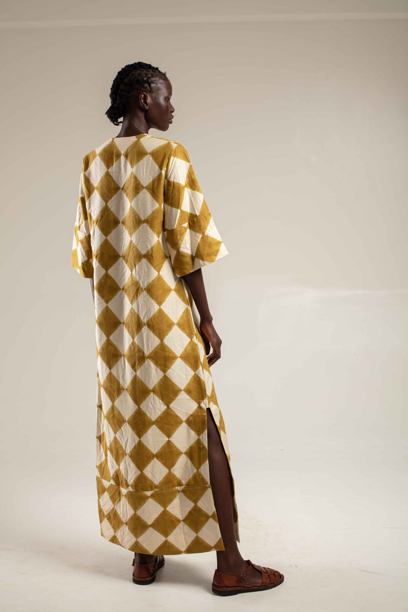 Woodblock printed Kaftan - Mustard diamond