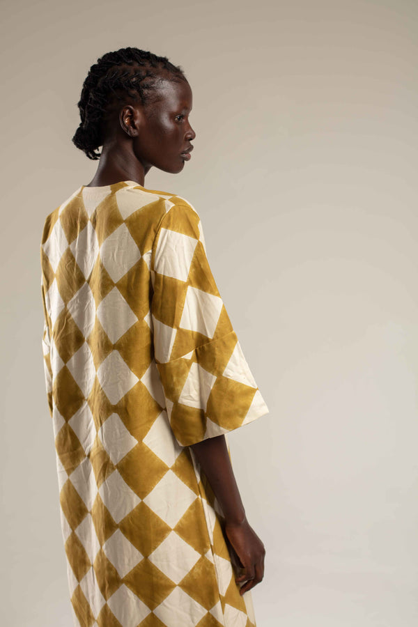 Woodblock printed Kaftan - Mustard diamond