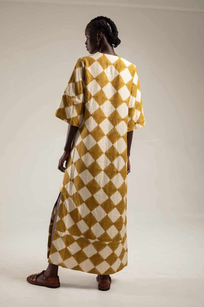 Woodblock printed Kaftan - Mustard diamond