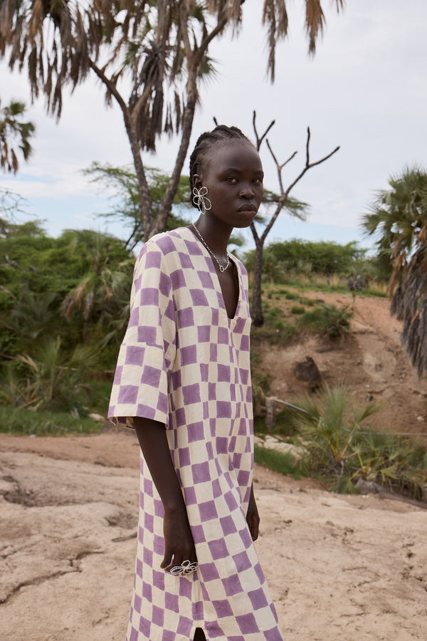 Woodblock printed Kaftan - Lilac check