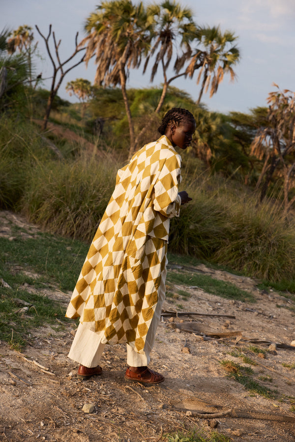 Woodblock printed Trenchcoat - Mustard diamond