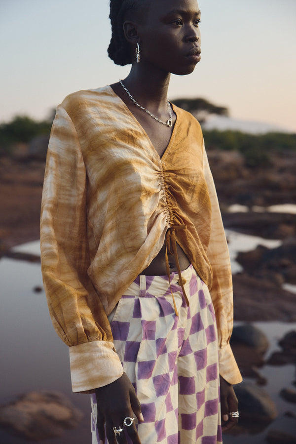 Rouched silk shirt - Shibori camel