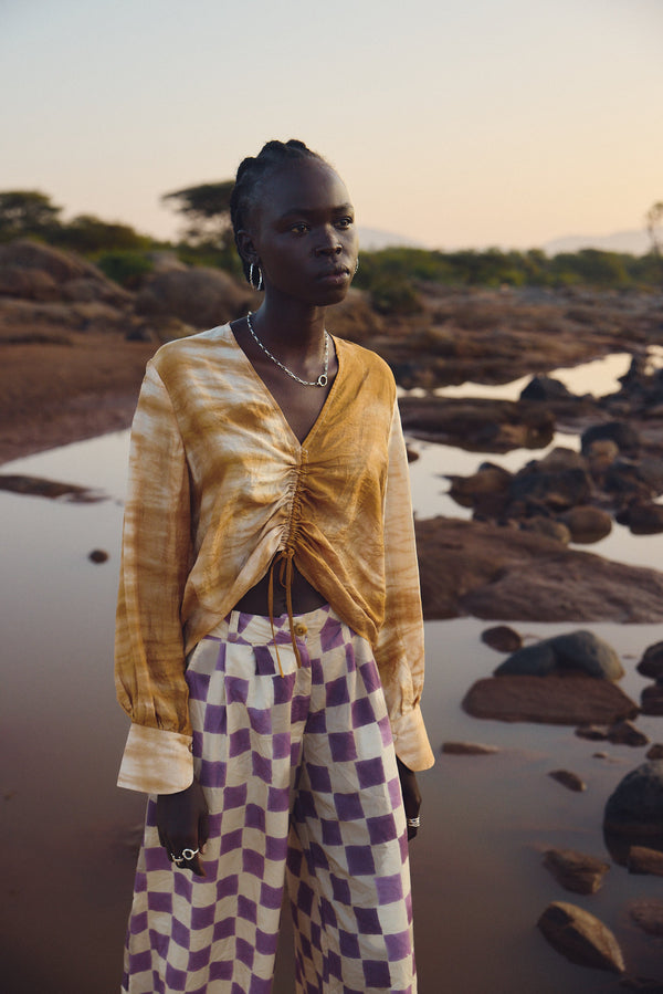 Rouched silk shirt - Shibori camel