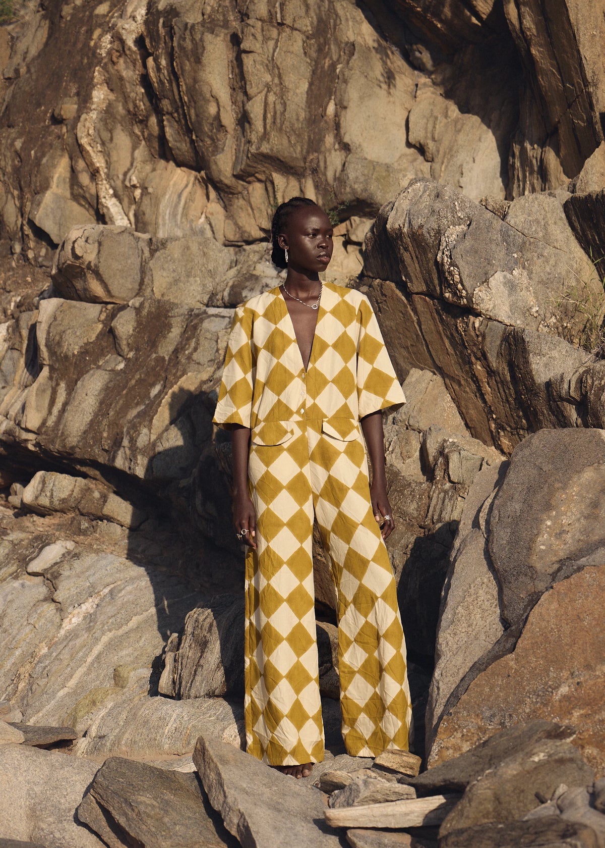 Block Print Jumpsuit Mustard Diamond