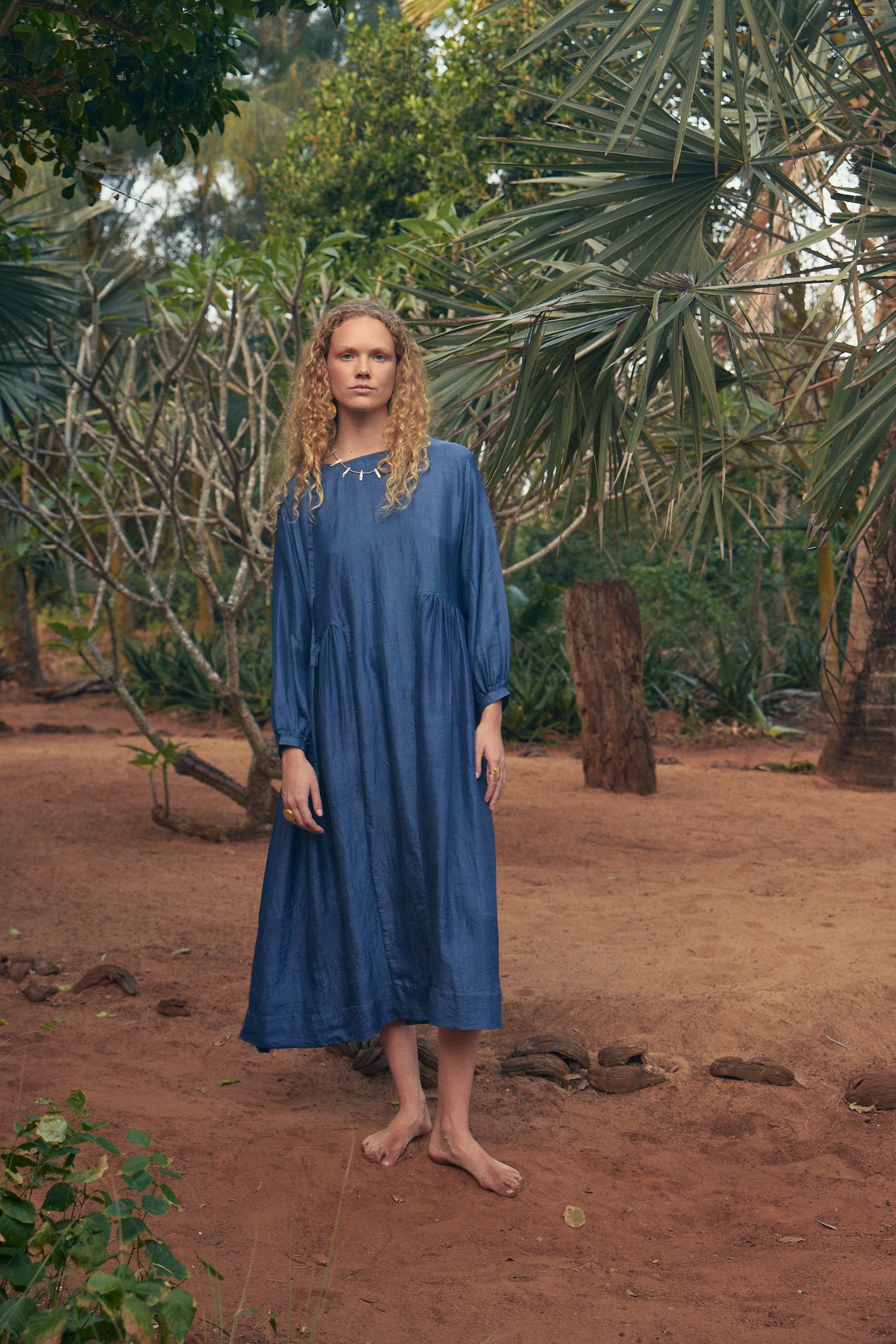 Handloom silk Balloon dress - Woad