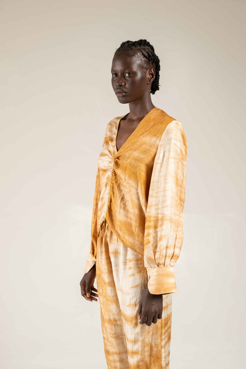 Rouched silk shirt - Shibori camel