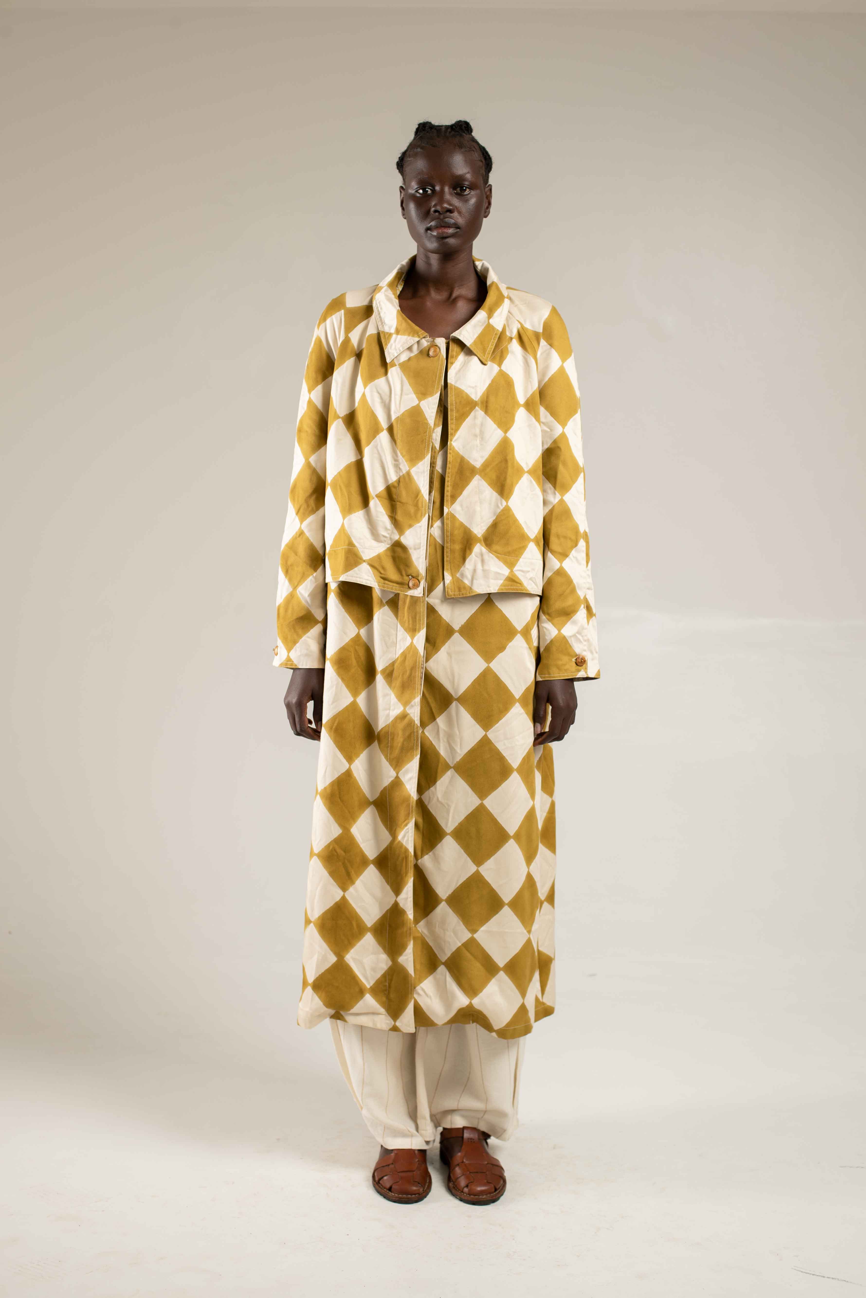 Woodblock printed Trenchcoat - Mustard diamond
