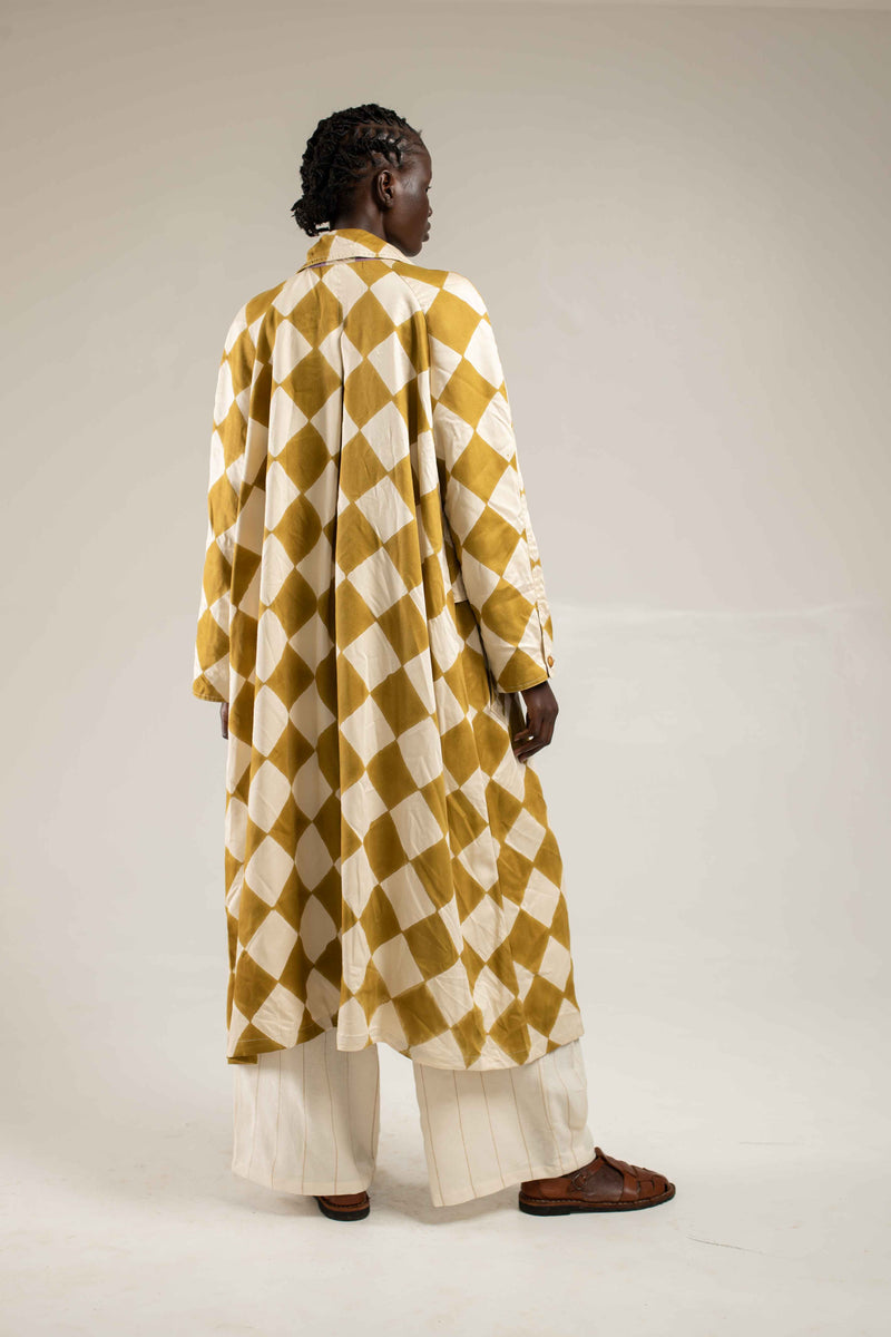 Woodblock printed Trenchcoat - Mustard diamond