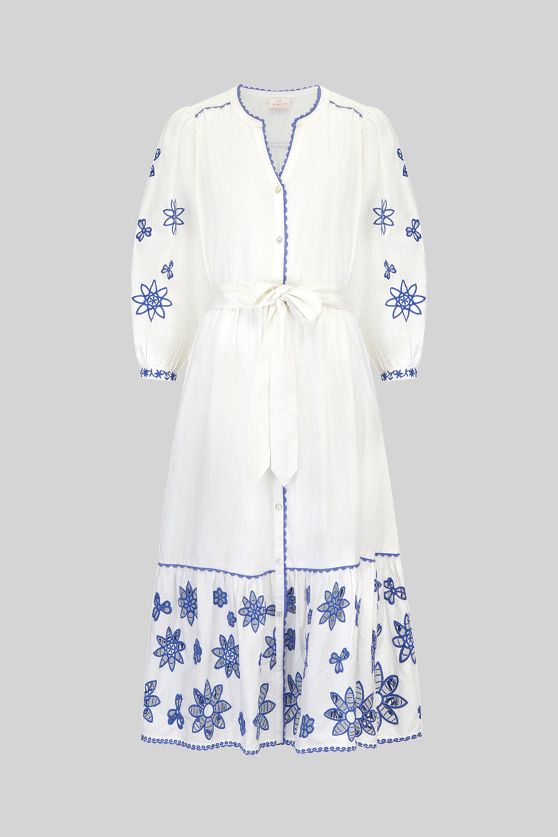 Flat shot front view of East Heritage Harlow White Organic Cotton Embroidered Dress