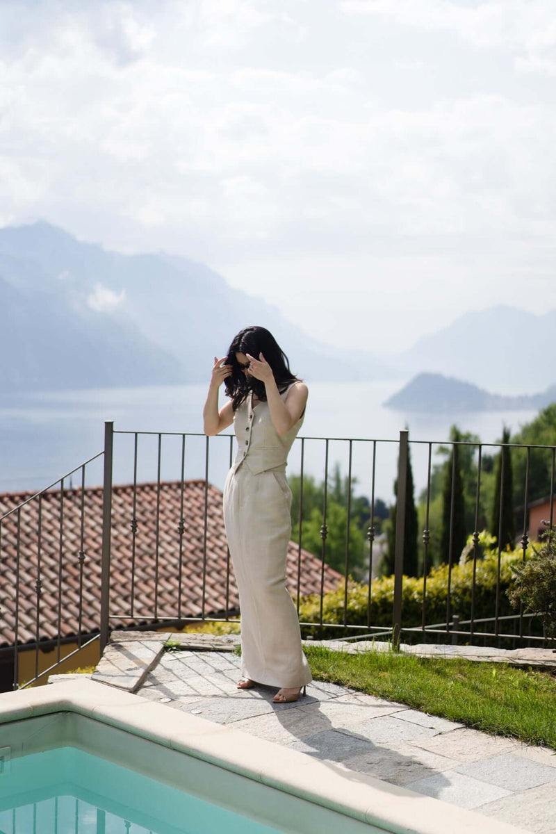 Linen Wool Blend Tailored Skirt in Natural Herringbone Gather See