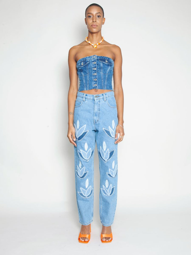 Women's High Waist Blue Jeans | Floral Embroidery | Sustainable | Fanfare