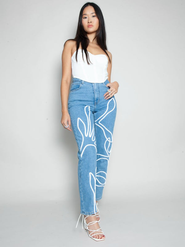 Women's High Waist Blue Jeans | Floral Trim | Sustainable|  Fanfare
