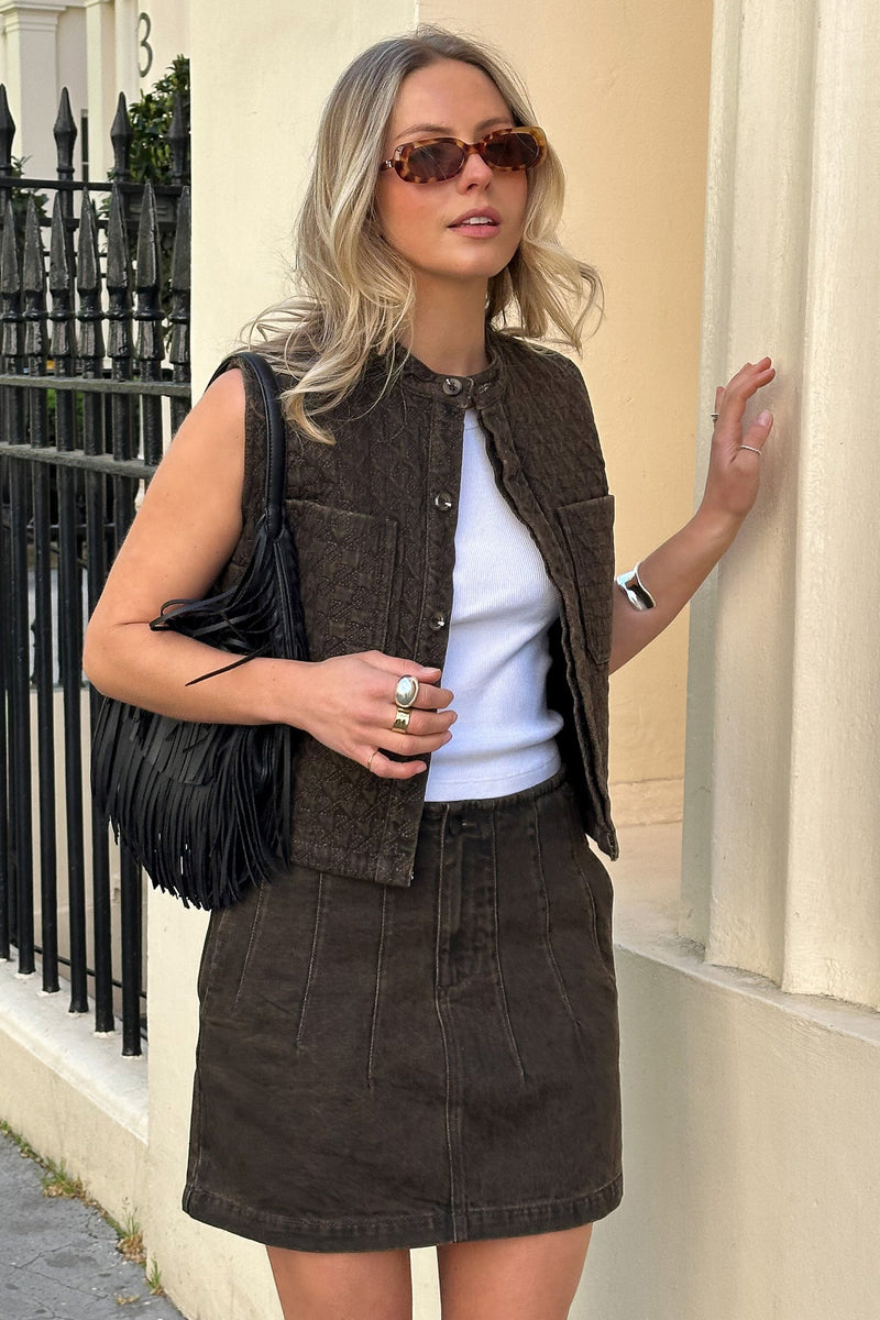 Pablo Quilted Denim Vest in Houndstooth Cacao