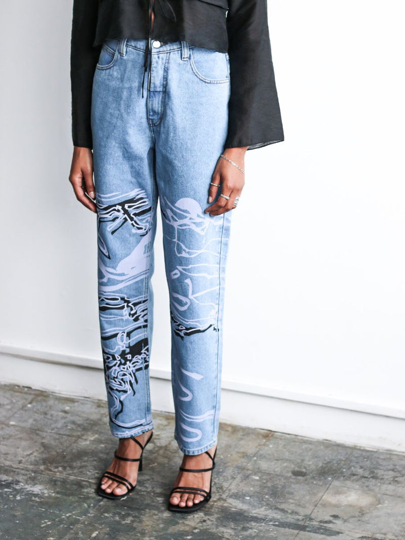 Women's High Waist Blue Jeans | Floral Print | Sustainable | Fanfare