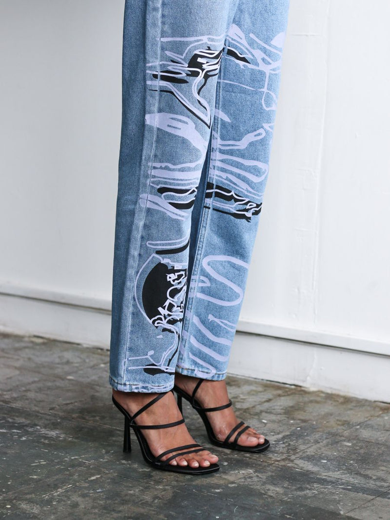 Women's High Waist Blue Jeans | Floral Print | Sustainable | Fanfare