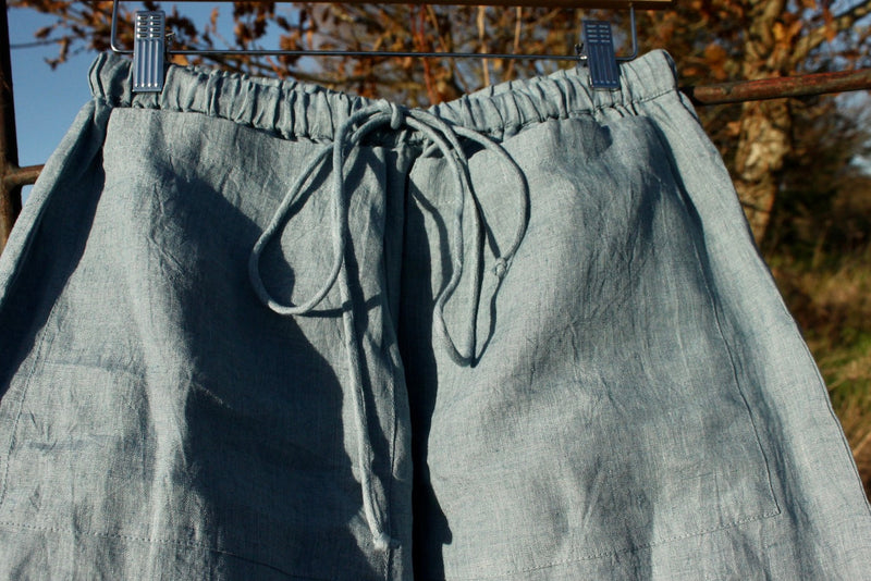 Barrel Leg Linen Trousers in sky blue linen