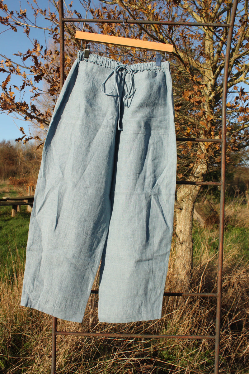 Barrel Leg Linen Trousers in sky blue linen