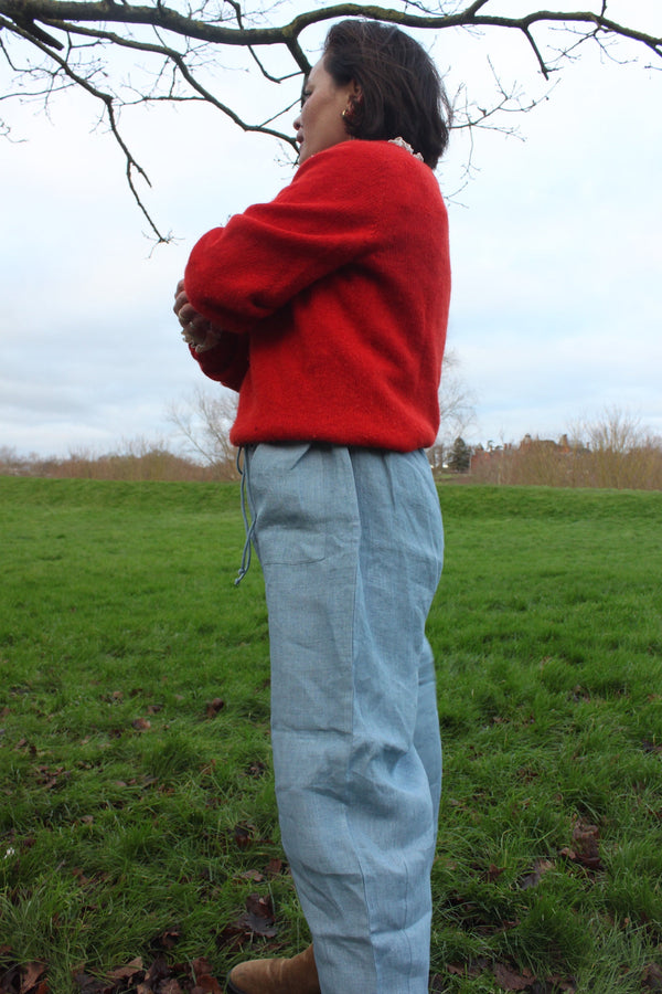 Barrel Leg Linen Trousers in sky blue linen