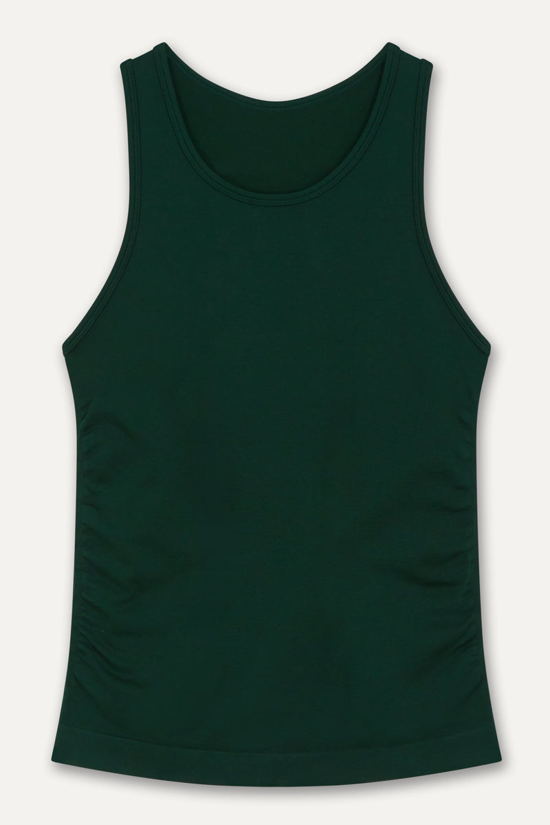 Dark green seamless recycled moisture wicking sleeveless tank top with side ruching for yoga, pilates, gym, cycling, running and exercise by sustainable activewear brand Jilla Active