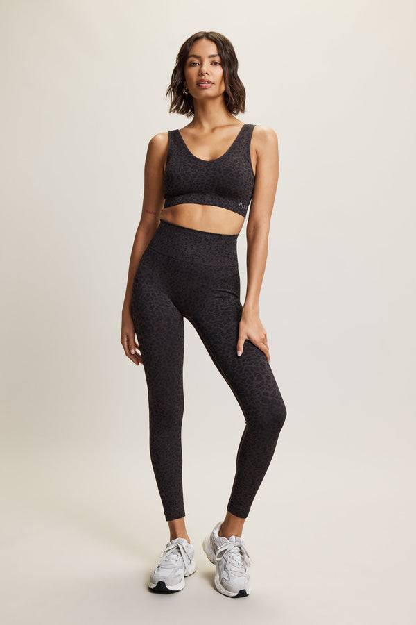 Cobalt black Sahara Recycled Full-Length Leggings by Jilla Active – Seamless, high-rise animal jacquard leggings with ribbed waistband and four-way stretch fabric, designed for studio workouts, gym, pilates, yoga and everyday athleisure wear.