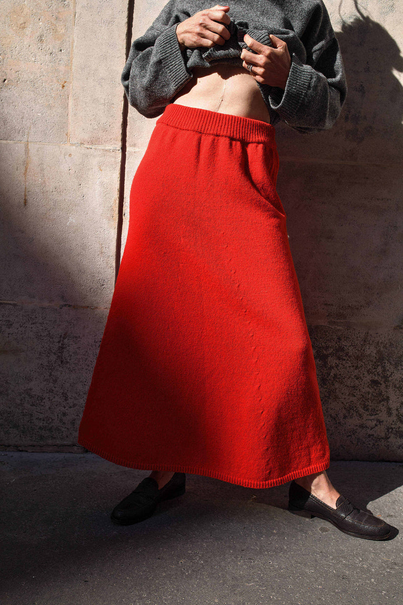 AUGUSTINE Flare Skirt in Merino Wool - Red | L'Envers