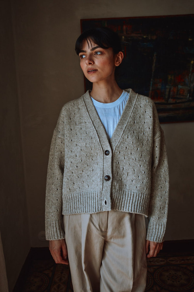 KATRINA Open Weave Cardigan in Merino Wool Beige Gather See