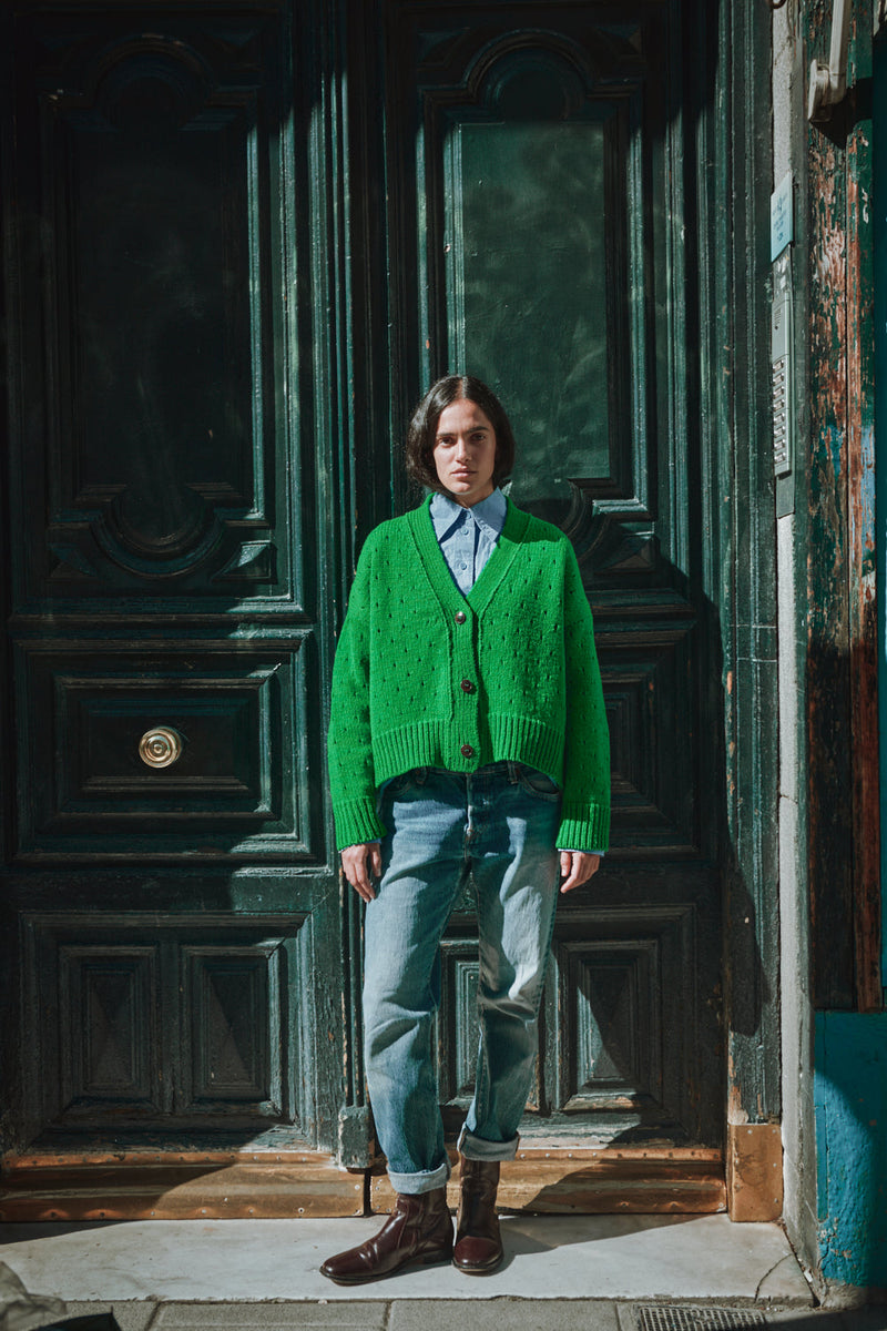 KATRINA Open Weave Cardigan in Merino Wool - Parrot Green