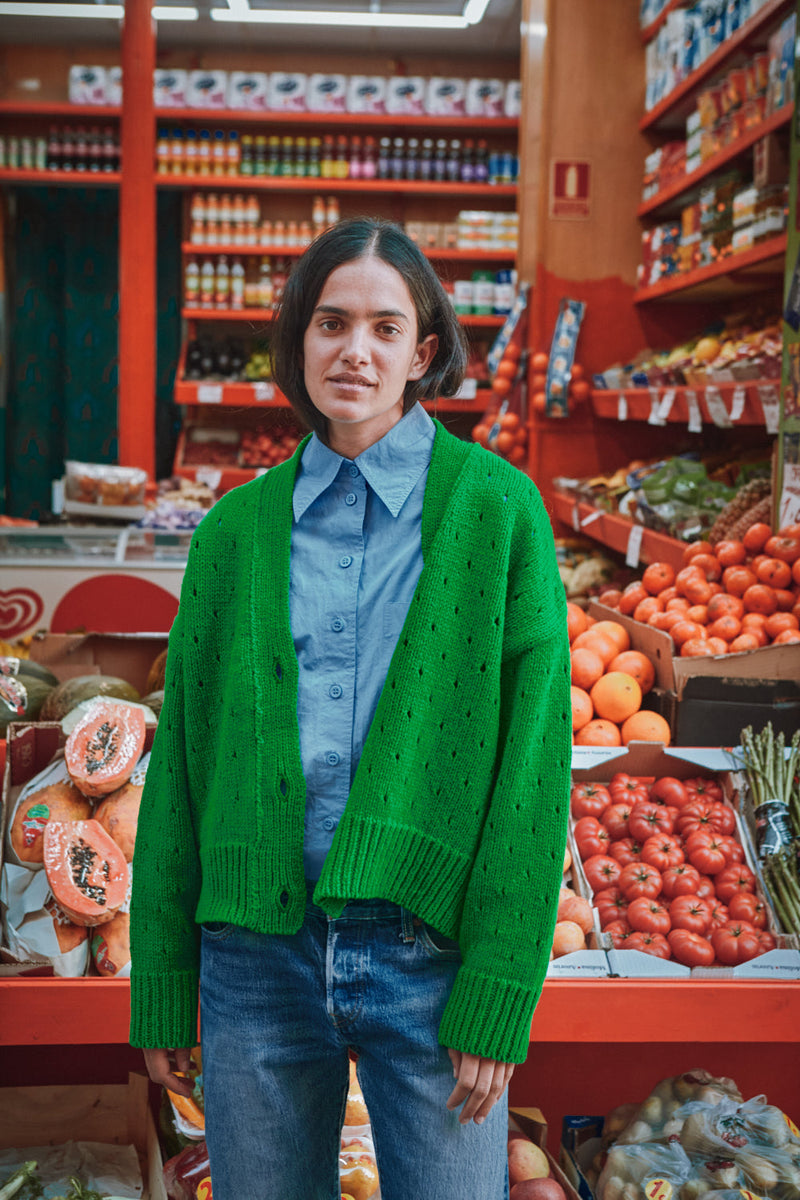 KATRINA Open Weave Cardigan in Merino Wool - Parrot Green