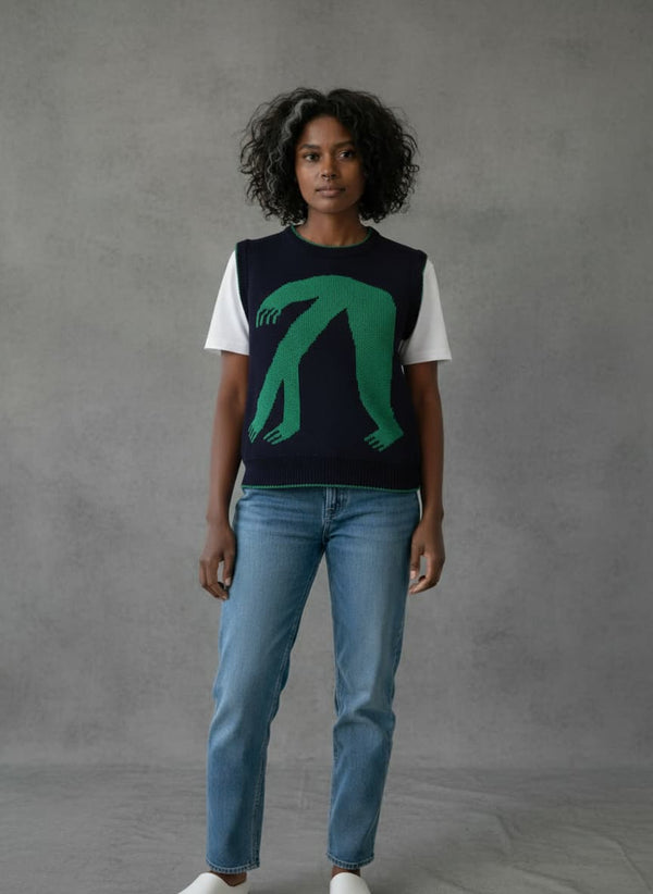 organic cotton knitted sleeveless jumper in blue and green