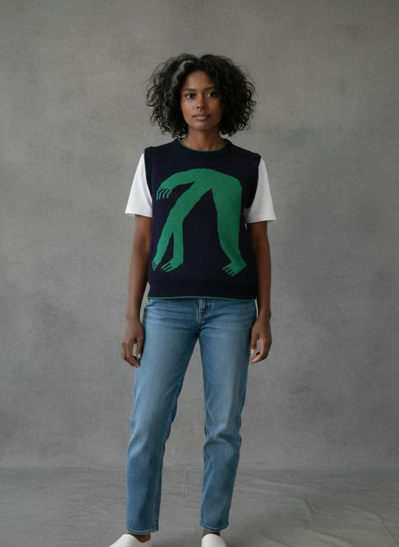 organic cotton knitted sleeveless jumper in blue and green