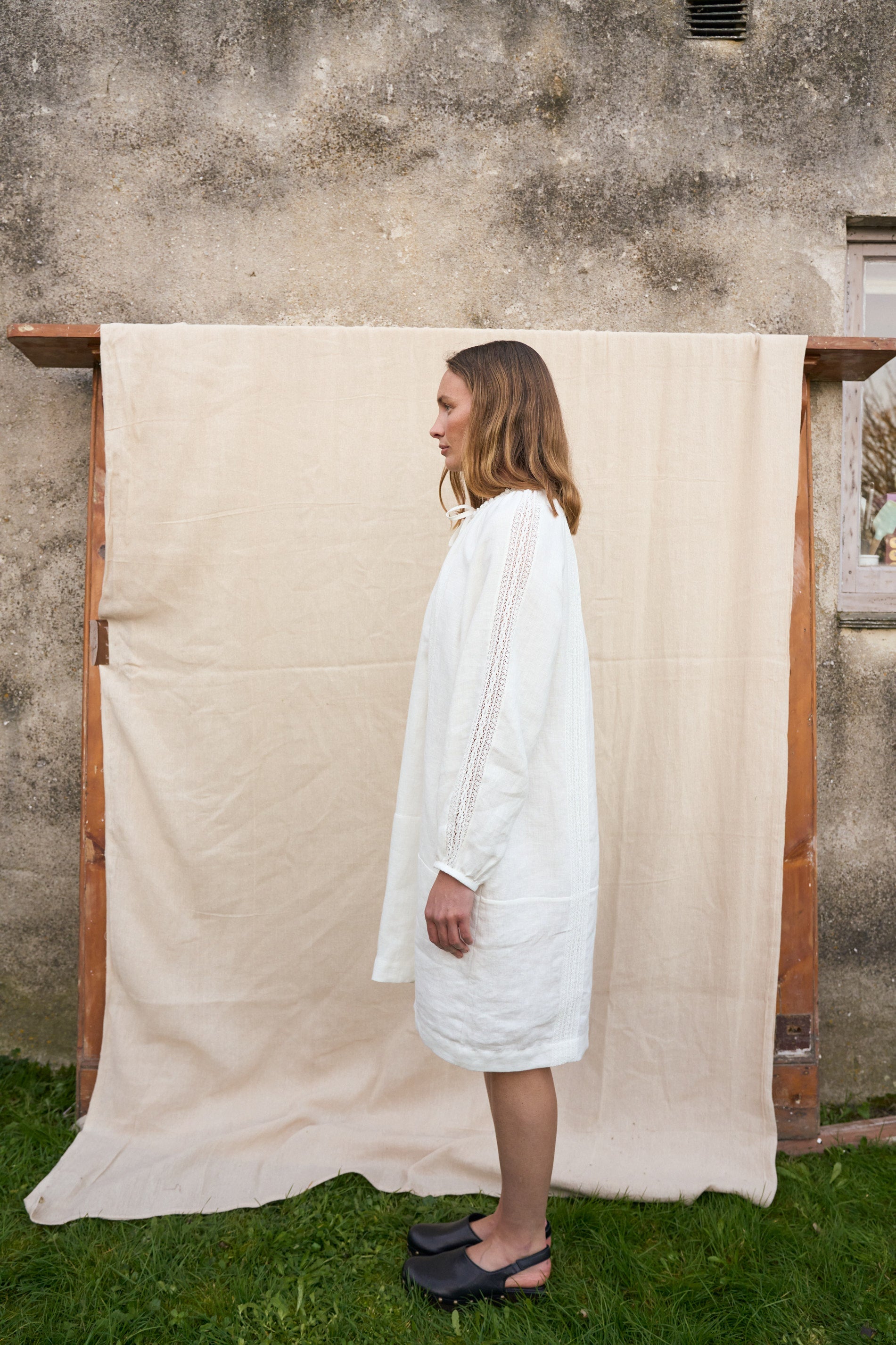 Bramley Dress in Pearl Linen & English Lace