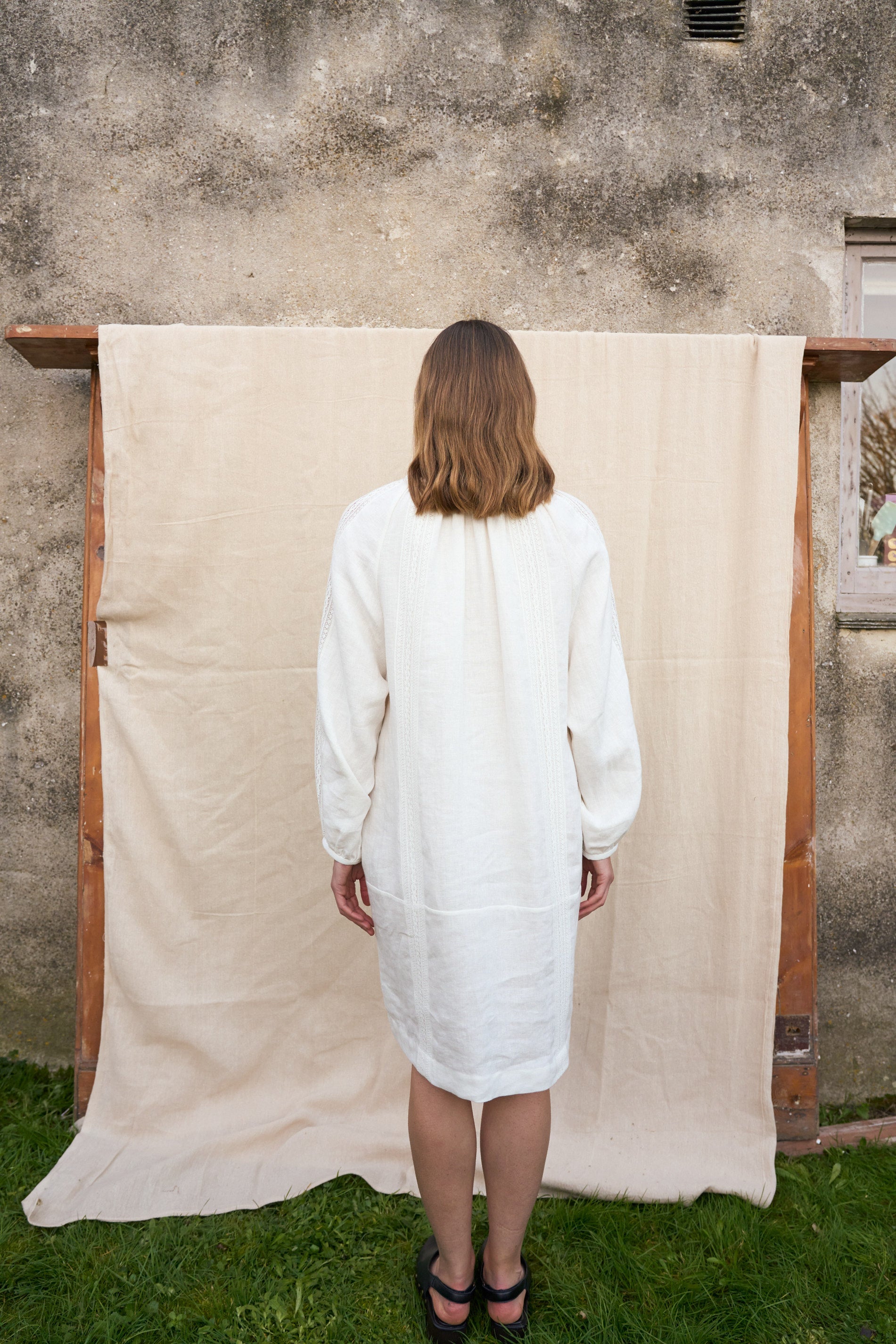 Bramley Dress in Pearl Linen & English Lace