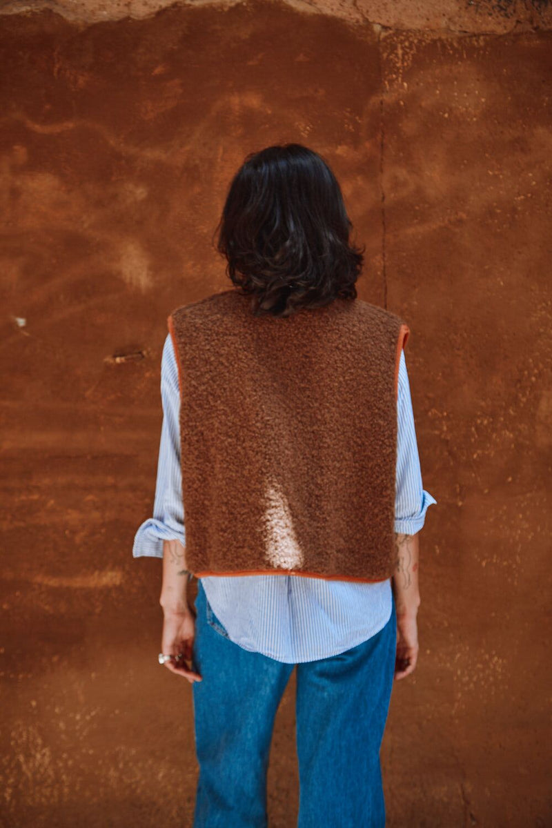 LUCE Shepherd's Vest in Curly Alpaca - Mocha Brown