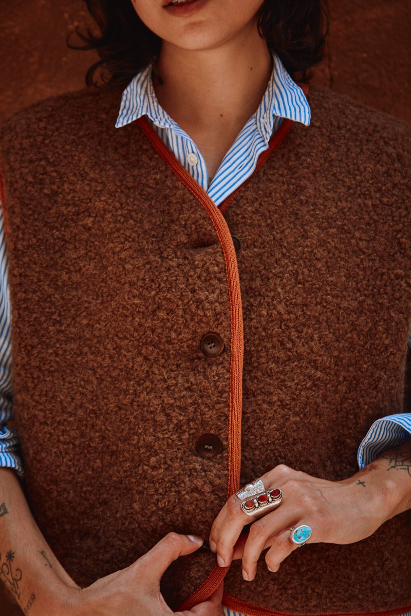 LUCE Shepherd's Vest in Curly Alpaca - Mocha Brown