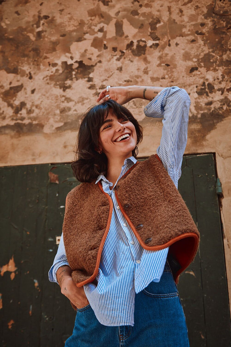 LUCE Shepherd's Vest in Curly Alpaca - Mocha Brown