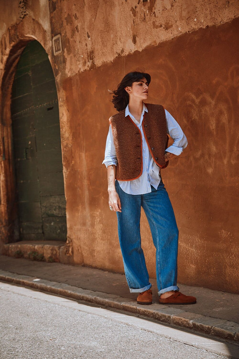 LUCE Shepherd's Vest in Curly Alpaca - Mocha Brown